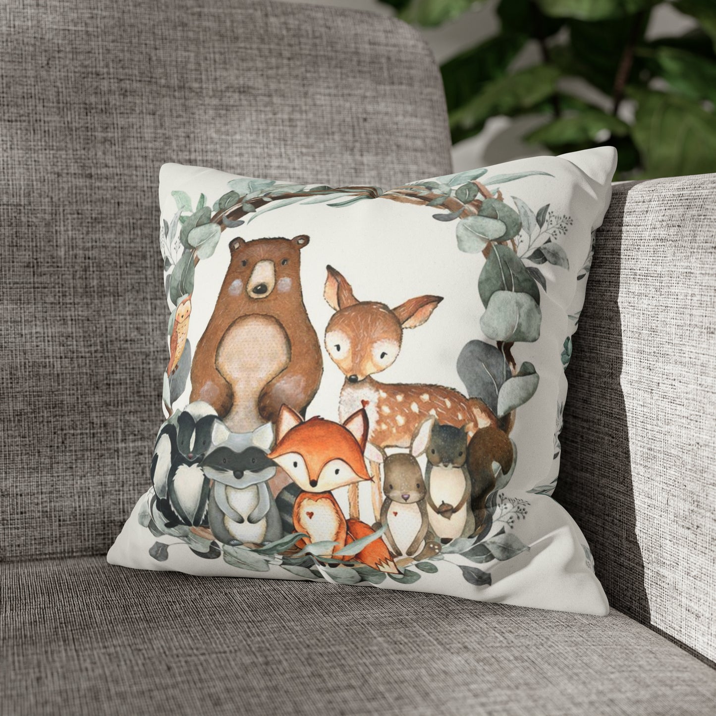 Woodland animals pillow cover, Forest nursery dercor - Greenery Woodland