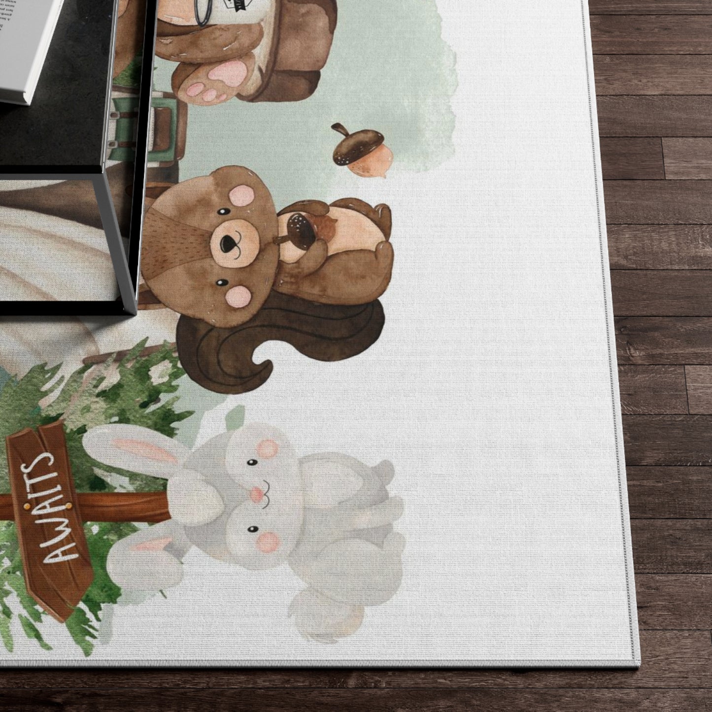 Woodland rug, Anti-Slip backing, Forest animals nursery rug - Camping Critters