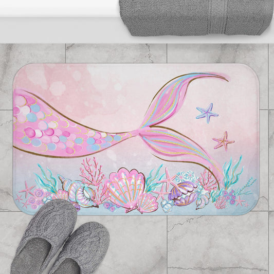 Mermaid Bath Mat, Anti-Slip backing, Under the sea bathroom decor - Pink Mermaid