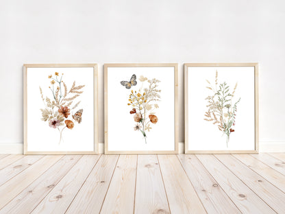 Wildflower Wall Art, Vintage floral Nursery Prints set of 3 - Butterfly Garden