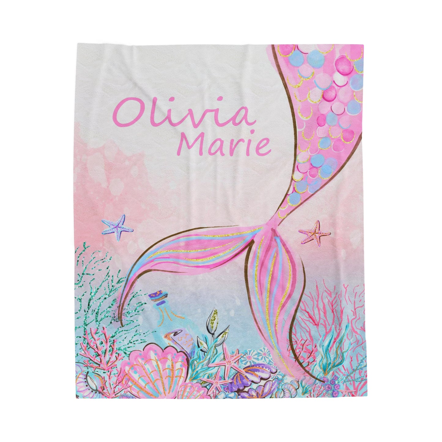 Little Mermaid Personalized Minky Blanket, Little mermaid Nursery Bedding - Pink Mermaid