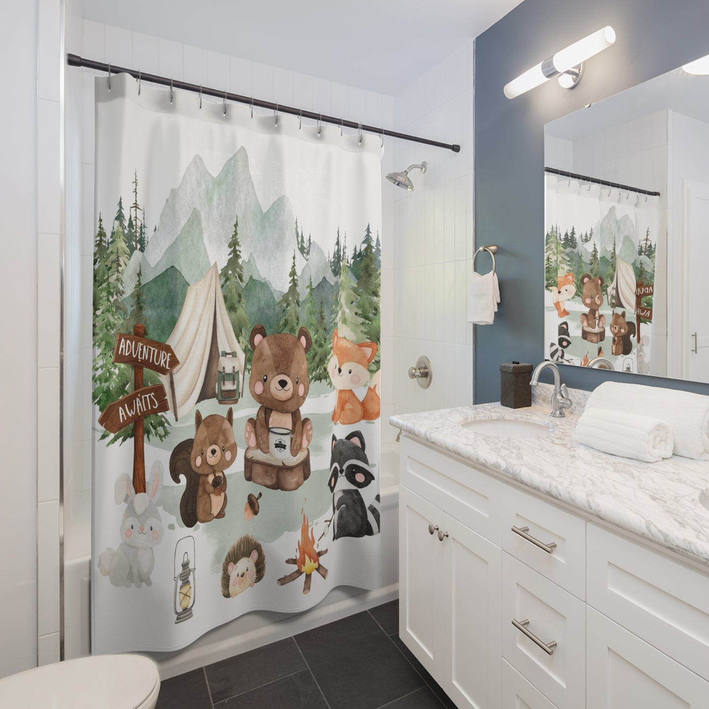 Woodland shower curtain, Forest bathroom decor - Camping Critters