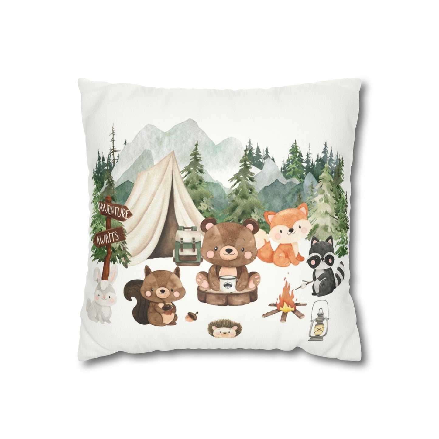 Woodland animals Faux Suede Square Pillow Case, Forest pillow cover - Camping critters