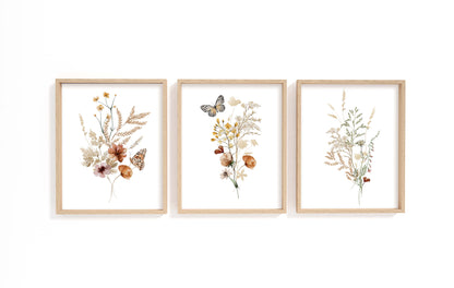 Wildflower Wall Art, Vintage floral Nursery Prints set of 3 - Butterfly Garden