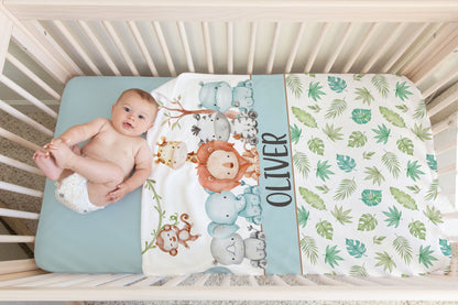 Safari Personalized Minky Blanket, Jungle Nursery Bedding - Cute Safari