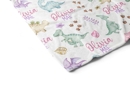 Personalized Girl dinosaur blanket, Pink dinosaur nursery bedding - Pink Jurassic