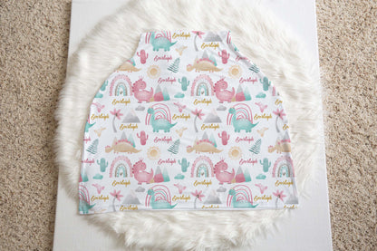Personalized dinosaur carseat cover, Rainbow dinosaur cover up - Pink Dinosaur