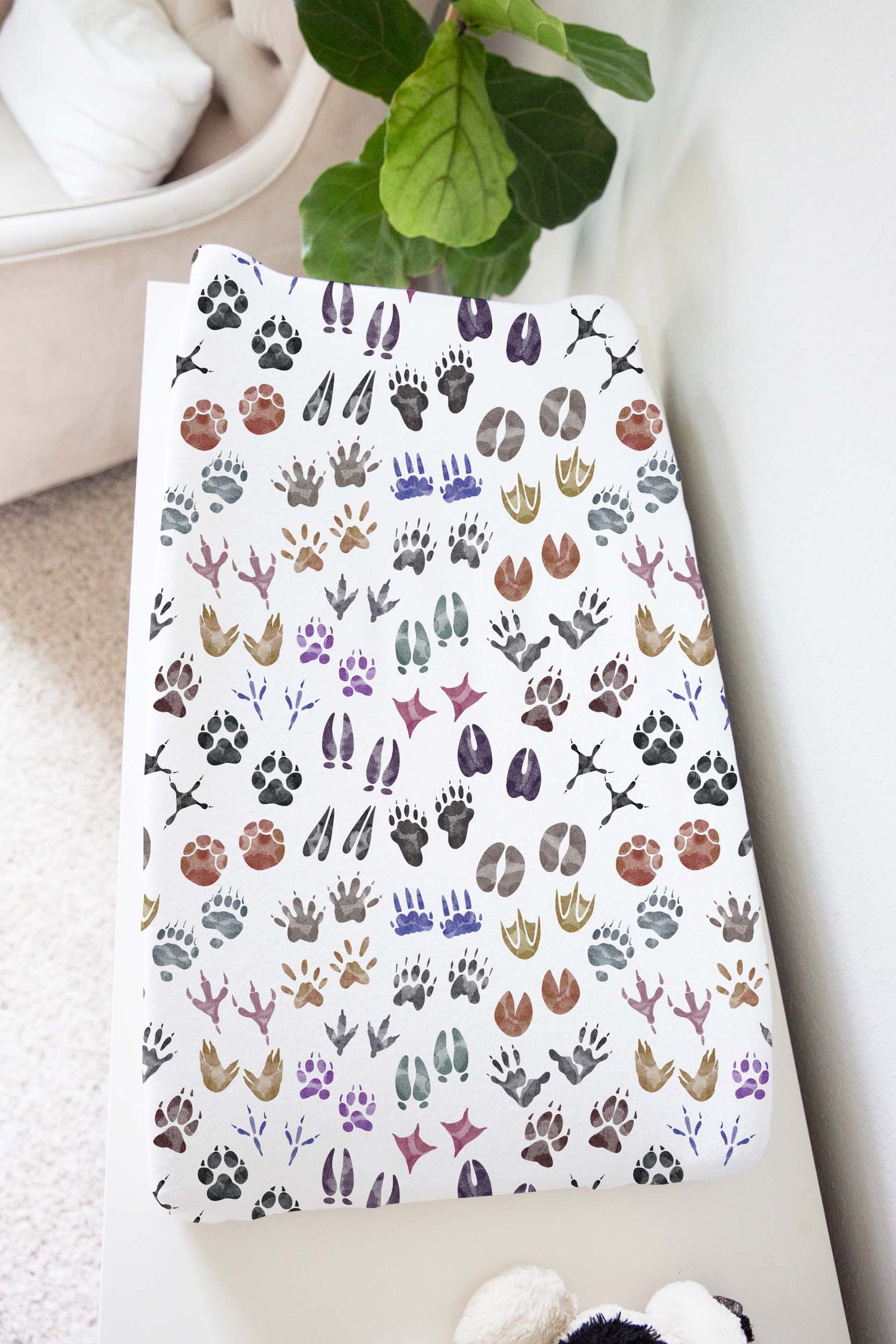 Animal tracks Changing Pad Cover, Woodland nursery decor - Pink Forest
