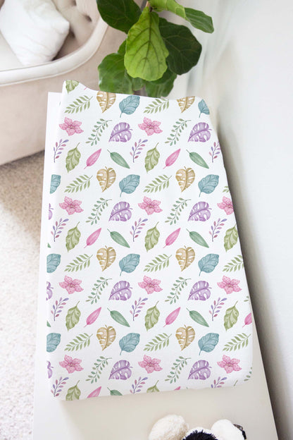 Tropical leaves changing pad cover, Girl tropical nursery decor - Pink Jurassic