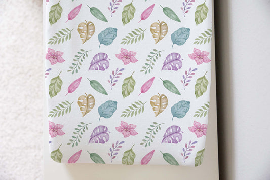 Tropical leaves changing pad cover, Girl tropical nursery decor - Pink Jurassic
