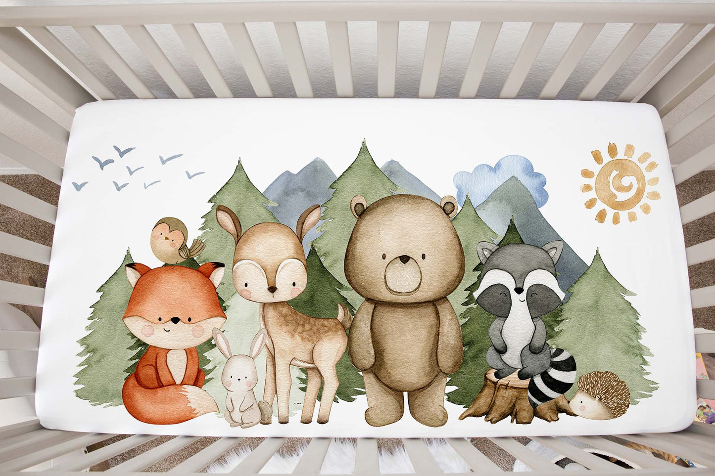 Woodland Crib Sheet, Forest animals nursery decor - Magical Forest