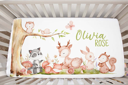 Personalized Girl Woodland Crib Sheet, Girl Forest Animals Nursery Bedding - Baby Woodland