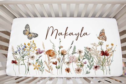 Wildflores Personalized Crib Sheet, Vintage floral Nursery Bedding - Butterfly garden