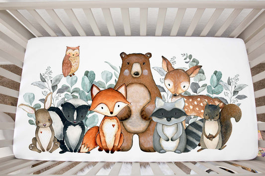 Safari animals crib sheet, Forest nursery bedding - Greenery Woodland
