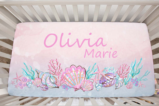 Personalized Pink mermaid Crib Sheet, Under the sea nursery bedding - Pink Mermaid