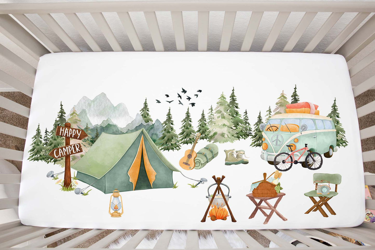 Happy camper crib sheet, Camping nursery bedding