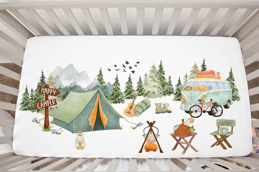 Happy camper crib sheet, Camping nursery bedding - Outdoor Adventures