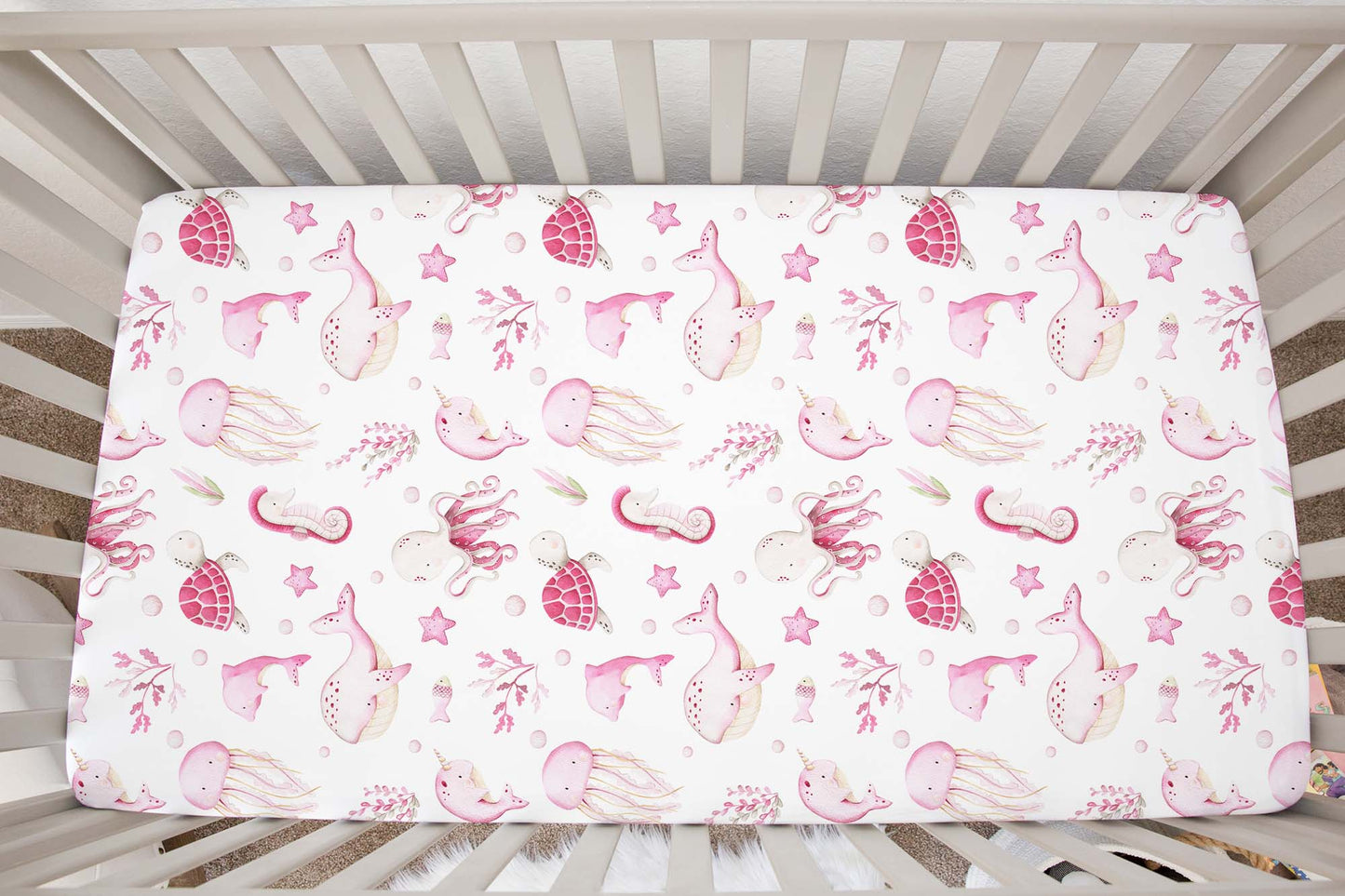 Pink Under the sea Crib Sheet, Ocean animals Nursery Bedding- Pink Ocean