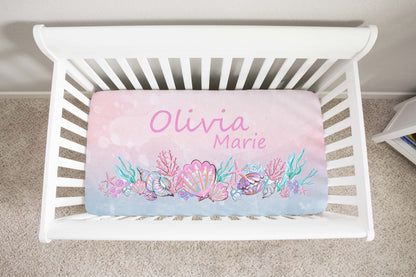 Personalized Pink mermaid Crib Sheet, Under the sea nursery bedding - Pink Mermaid