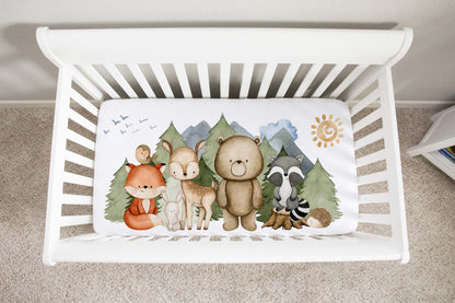 Woodland Crib Sheet, Forest animals nursery decor - Magical Forest
