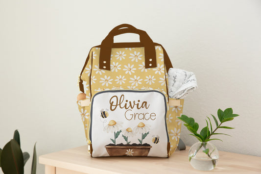 Personalized Daisies diaper bag | Floral baby backpack