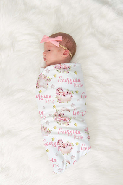 Personalized Unicorn Swaddle Set, Custom Blanket Baby Name - Magical Unicorn