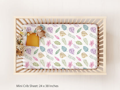 Tropical leaves crib sheet, Girl dinosaur nursery bedding - Pink Jurassic