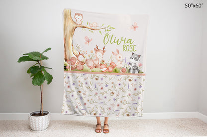 Personalized Woodland Girl Blanket, Floral Forest Animals Nursery Bedding - Baby Woodland
