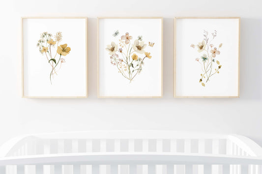 Wildflowers Wall Art, Floral Nursery Prints set of 3 - Mustard Wildflowers