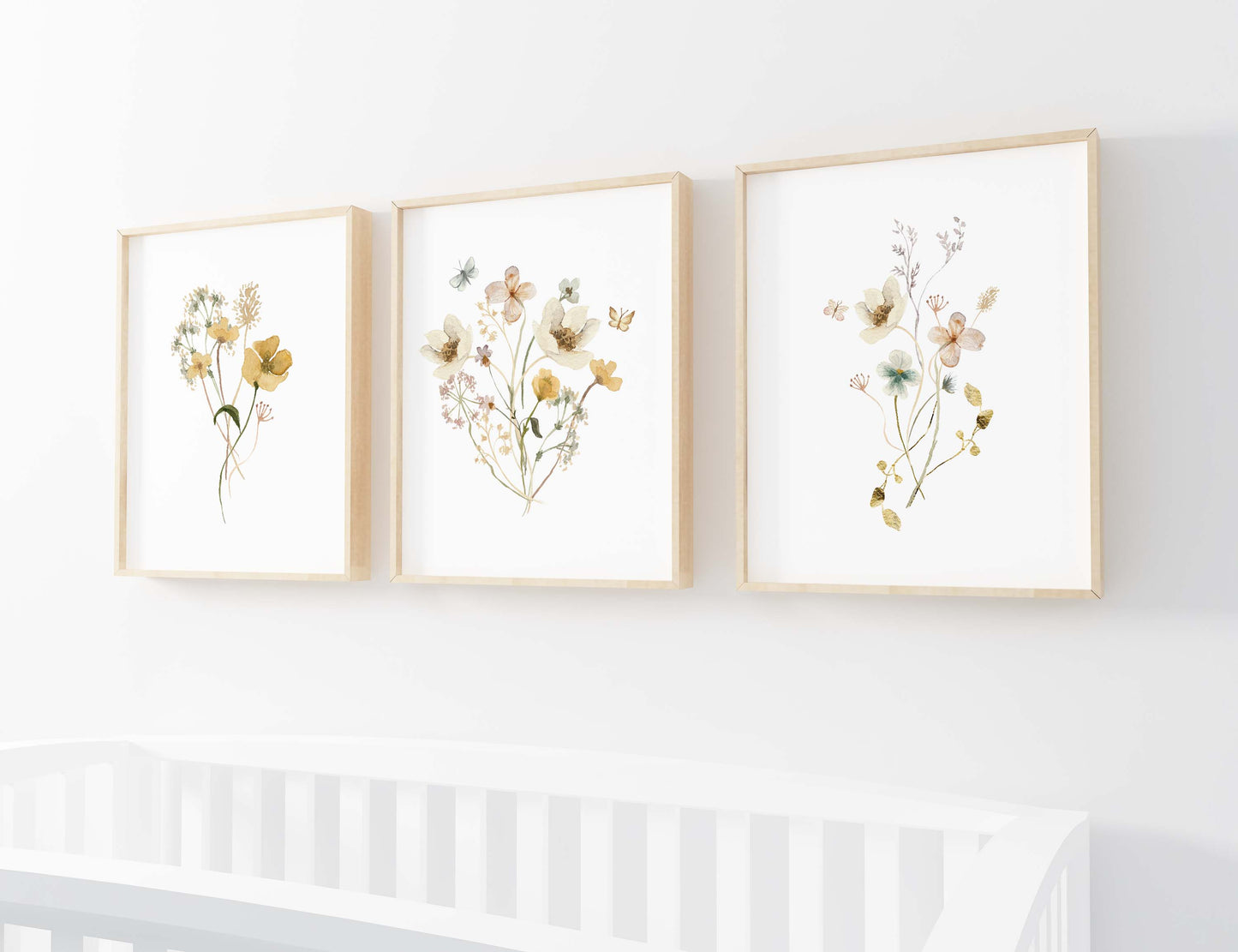 Wildflowers Wall Art, Floral Nursery Prints set of 3 - Mustard Wildflowers