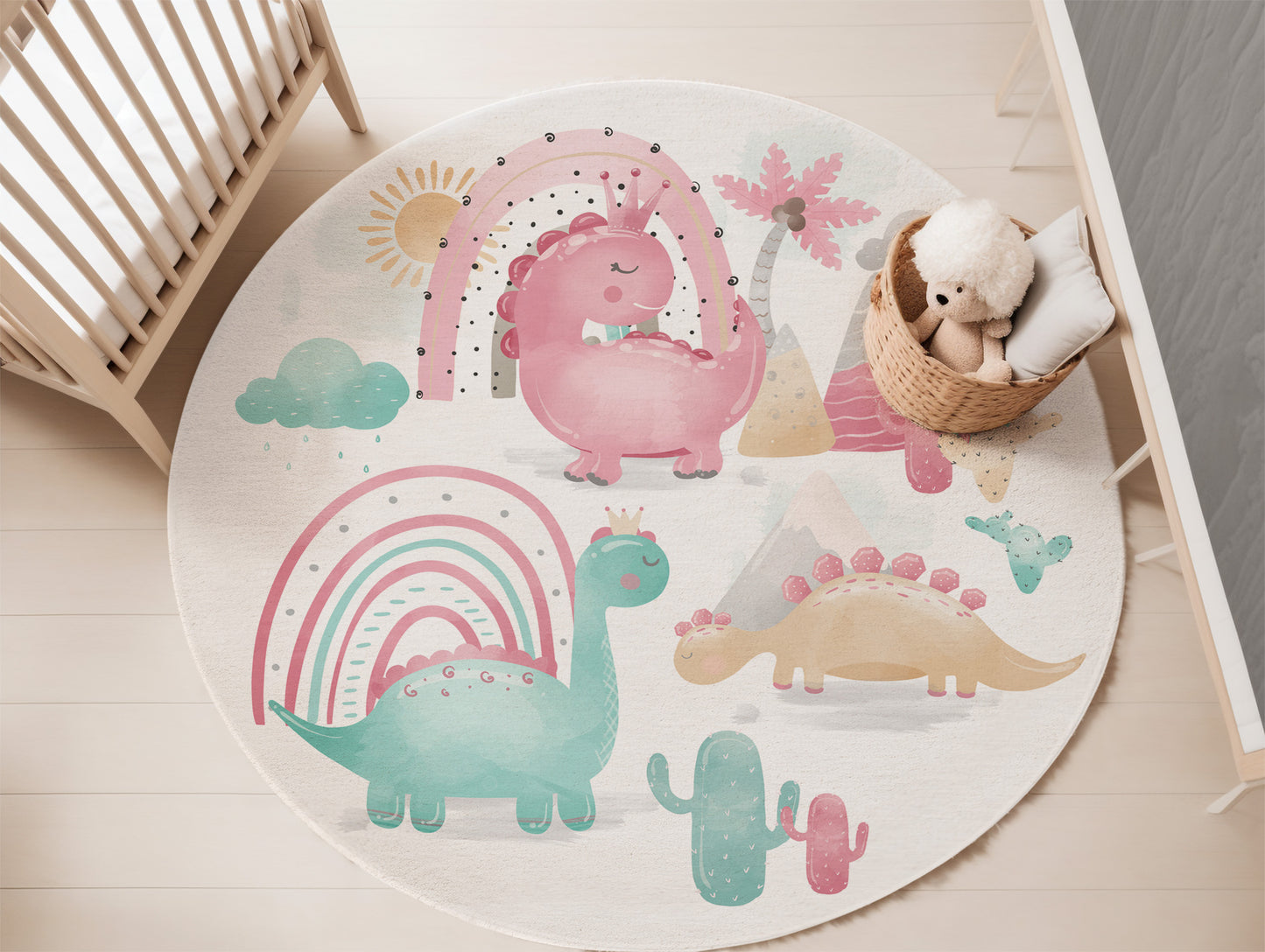 Pink dinosaur round rug, Dinosaur area rug, Dinosaur nursery decor - Pink Dinosaur
