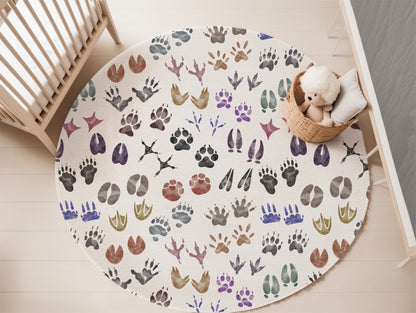 Watercolor animal tracks rug, Woodland nursery decor