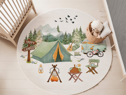 Camping nursery decor, Happy camper round rug - Outdoor Adventures