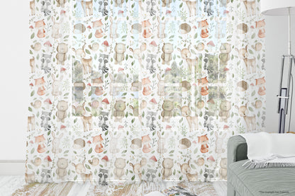 Woodland sheer curtain single panel, Forest nursery decor - Magical Forest