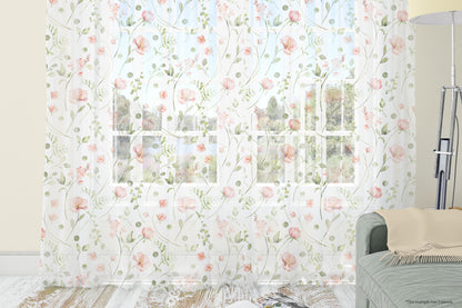 Wildflowers sheer Curtain, Poppy sheer curtain single panel, Nursery floral