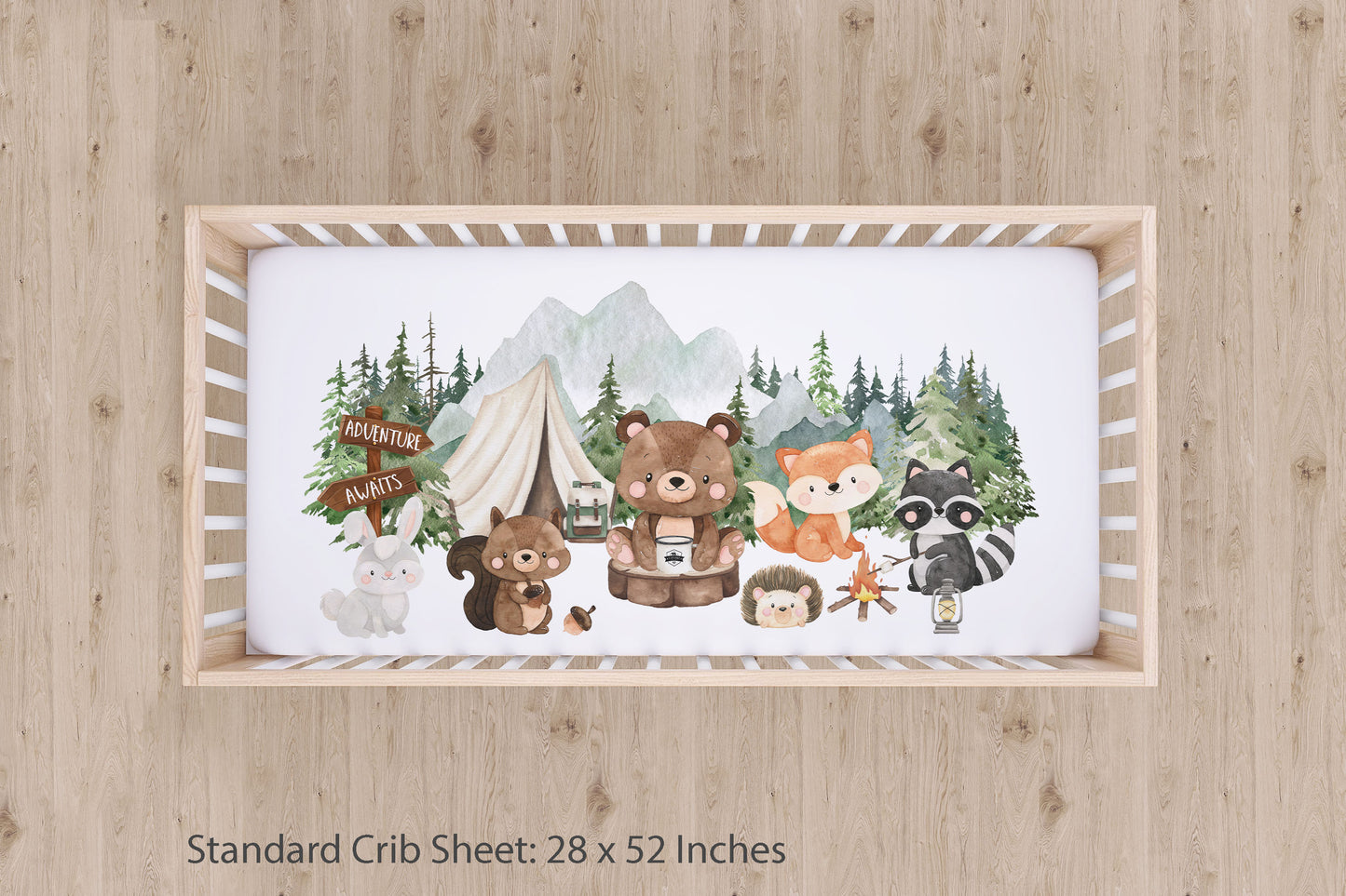 Camping Crib Sheet, Woodland animals nursery bedding - Camping Critters