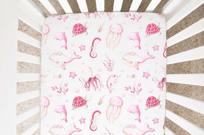 Pink Under the sea Crib Sheet, Ocean animals Nursery Bedding- Pink Ocean