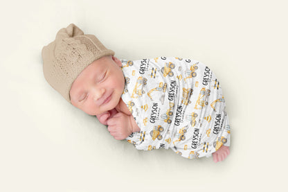 Personalized Construction Swaddle Set, Custom Blanket Baby Name - Under construction