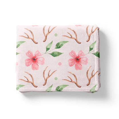 Pink Watercolor Antler Minky Blanket, Boho Nursery Bedding