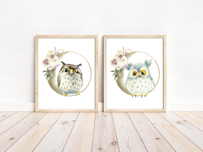 PRINTABLE Floral Owl Wall Art, Owl Nursery Print set of 2
