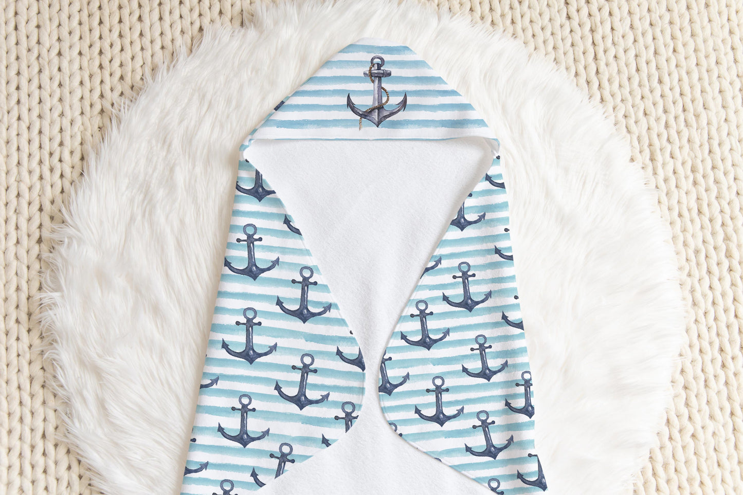 Striped Anchor Baby Towel, Nautical Baby Boy Towel -  Nautical Blue