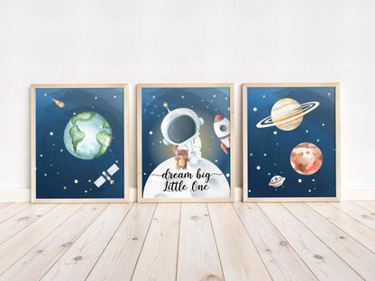 Dream Big Little One Wall Art, Space Nursery Prints set of 3