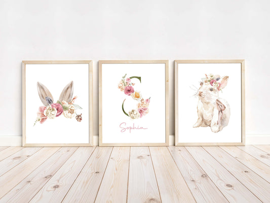 Rabbit Wall Art,  Rabbit Nursery Decor Set of 3 Unframed Prints