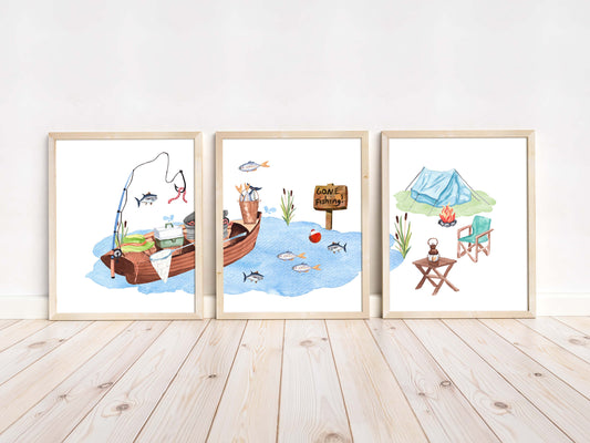 Fishing Wall Art, Gone fishing Nursery Prints set of 3 - Little fisherman
