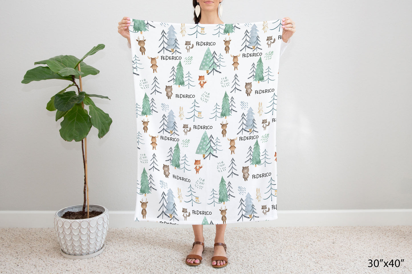 Woodland animals Personalized Minky Blanket, Forest Nursery Bedding - Scandi Woodland