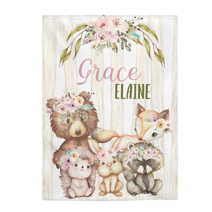 Girl woodland Personalized Minky Blanket, Forest animals Nursery Bedding - Forest Friends