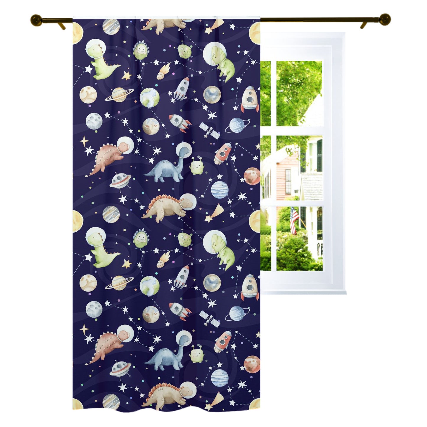Dinosaur Space Curtain Single Panel, Space Nursery Decor