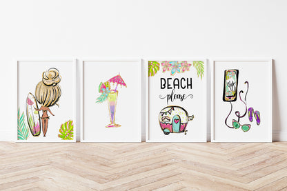Beach Please Wall Art, Tropical Nursery Prints Set of 4