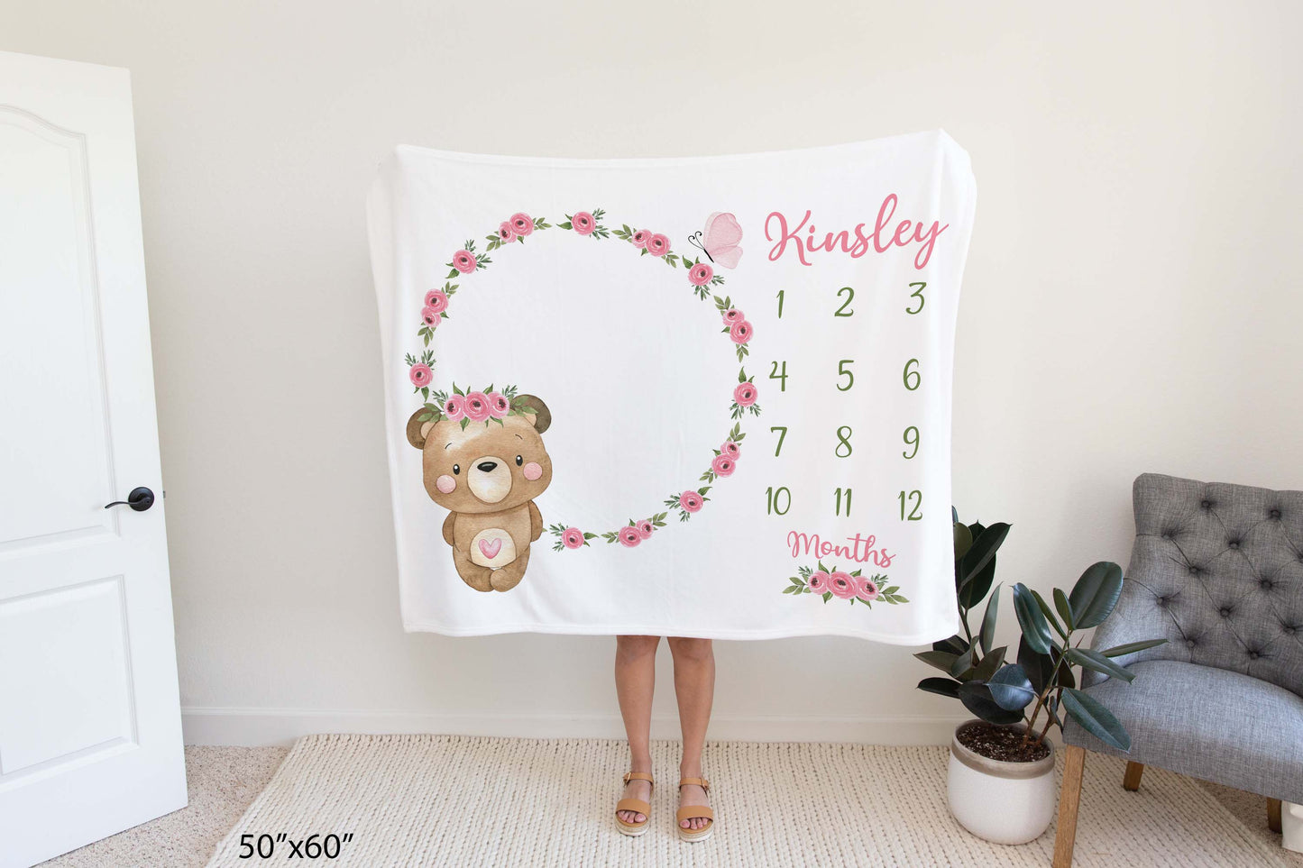 Personalized Floral Bear Milestone Blanket, Girl Woodland Blanket - Beary Pink