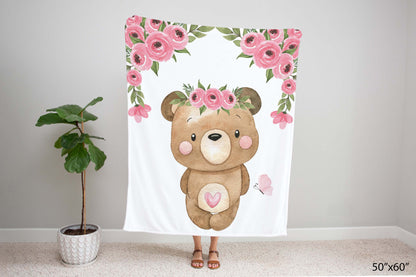 Floral Bear Minky Blanket - Girl Bear Nursery Bedding - Beary Pink